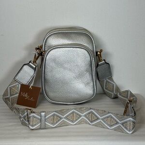 NEW Mali + Lili ‘Josephine’ Silver Vegan Leather Crossbody Bag Goldtone Hardware